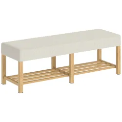 Banco Zapatero con Asiento Acolchado 2 Personas Estante Abierto Marco de Madera 140x44x48 cm Crema y Madera Natural - Ogal.Es