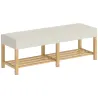 Banco Zapatero con Asiento Acolchado 2 Personas Estante Abierto Marco de Madera 140x44x48 cm Crema y Madera Natural - Ogal.Es