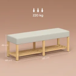 Banco Zapatero con Asiento Acolchado 2 Personas Estante Abierto Marco de Madera 140x44x48 cm Crema y Madera Natural - Ogal.Es