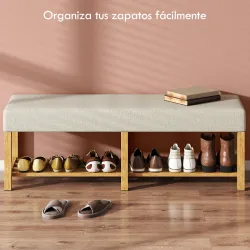 Banco Zapatero con Asiento Acolchado 2 Personas Estante Abierto Marco de Madera 140x44x48 cm Crema y Madera Natural - Ogal.Es