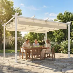 Pérgola de Jardín 4x3 m con Techo Retráctil Protección UPF30+ Drenaje Cenador de Jardín para Patio Exterior Beige - Ogal.Es