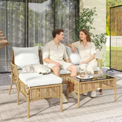 Conjunto de Jardín Exterior de Ratán con 1 Sofá de 2 Plazas 1 Sofá Esquinera y 1 Mesa de Centro Tablero de Vidri... - Ogal.Es