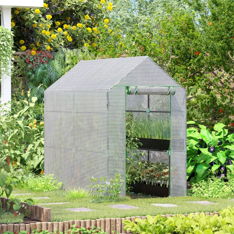 Invernadero de Jardín Tipo Caseta Invernadero de Exterior con 2 Niveles 4 Estantes Puerta Enrollable Marco de Ac... - Ogal.Es