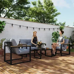 Conjunto de Muebles de Jardín de 4 Piezas con Sofá de 2 Plazas y 2 Butacas con Cojines y Mesa de Centro de Vidri... - Ogal.Es