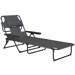 Tumbona Plegable Respaldo Ajustable Orificio de Lectura Reposacabezas y Brazos Carga 120 kg 145x72x89 cm Gris Os... - Ogal.Es