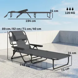 Tumbona Plegable Respaldo Ajustable Orificio de Lectura Reposacabezas y Brazos Carga 120 kg 145x72x89 cm Gris Os... - Ogal.Es