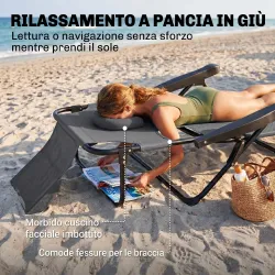 Tumbona Plegable Respaldo Ajustable Orificio de Lectura Reposacabezas y Brazos Carga 120 kg 145x72x89 cm Gris Os... - Ogal.Es