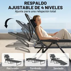 Tumbona Plegable Respaldo Ajustable Orificio de Lectura Reposacabezas y Brazos Carga 120 kg 145x72x89 cm Gris Os... - Ogal.Es