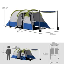 Tienda de Campaña Plegable para 2 Personas 2 Habitaciones Bolsa de Transporte 420x200x150 cm Azul Oscuro y Verde - Ogal.Es