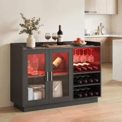 Mueble de Bar con Luces LED RGB y Botellero para 12 Botellas Armario Buffet para Vinos para Comedor Salón Negro - Ogal.Es