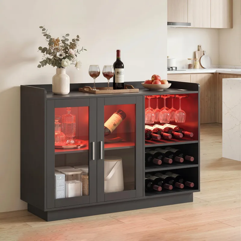 Mueble de Bar con Luces LED RGB y Botellero para 12 Botellas Armario Buffet para Vinos para Comedor Salón Negro - Ogal.Es