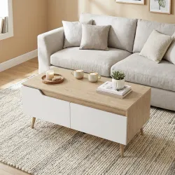 Mesa de Centro con 2 Cajones Mesa baja para Salón con Patas de Madera de Pino 100x50x46cm Roble - Ogal.Es