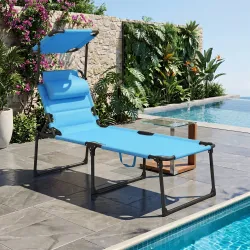 Tumbona de Jardín con Toldo Ajustable Respaldo Regulable 4 Niveles Reposacabezas para Terraza 70x200x45 cm Azul ... - Ogal.Es