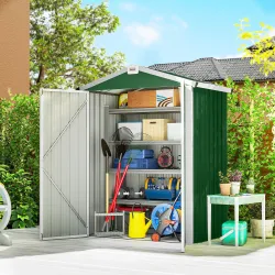 Cobertizo de Jardín Exterior 1,1 m² 136x87x178 cm con 2 Puertas Abatibles Techo a Dos Aguas y Guantes Verde - Ogal.Es