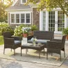 Conjunto Muebles Jardín de Ratán Sintético con Sofá Sillones y Mesa de Vidrio Templado y Cojines Marrón y Gris - Ogal.Es