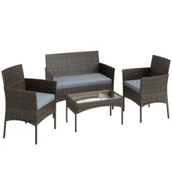 Conjunto Muebles Jardín de Ratán Sintético con Sofá Sillones y Mesa de Vidrio Templado y Cojines Marrón y Gris - Ogal.Es