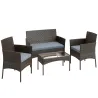 Conjunto Muebles Jardín de Ratán Sintético con Sofá Sillones y Mesa de Vidrio Templado y Cojines Marrón y Gris - Ogal.Es