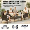 Conjunto Muebles Jardín de Ratán Sintético con Sofá Sillones y Mesa de Vidrio Templado y Cojines Marrón y Gris - Ogal.Es