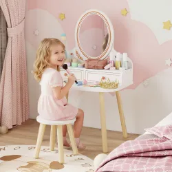 Tocador de Maquillaje Niña Tocador Infantil con Taburete y Espejo 2 Cajones y Barras Colgantes 3 a 8 Años Blanco - Ogal.Es