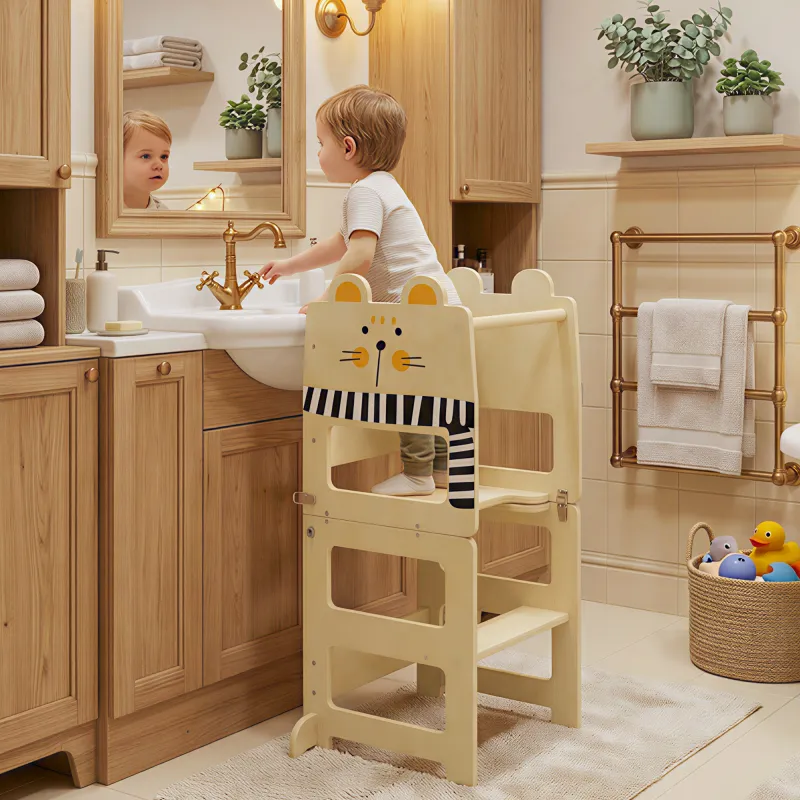 Torre de Aprendizaje 3 en 1 Plegable Convertible en Escritorio y Silla con Pizarra Dibujos de Gatos Natural - Ogal.Es