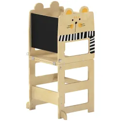 Torre de Aprendizaje 3 en 1 Plegable Convertible en Escritorio y Silla con Pizarra Dibujos de Gatos Natural - Ogal.Es