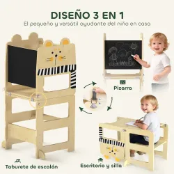 Torre de Aprendizaje 3 en 1 Plegable Convertible en Escritorio y Silla con Pizarra Dibujos de Gatos Natural - Ogal.Es