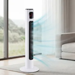 Ventilador de Torre Silencioso 45W con Control Remoto 3 Velocidades 3 Modos Temporizador 10H Oscilación 70° Blanco - Ogal.Es