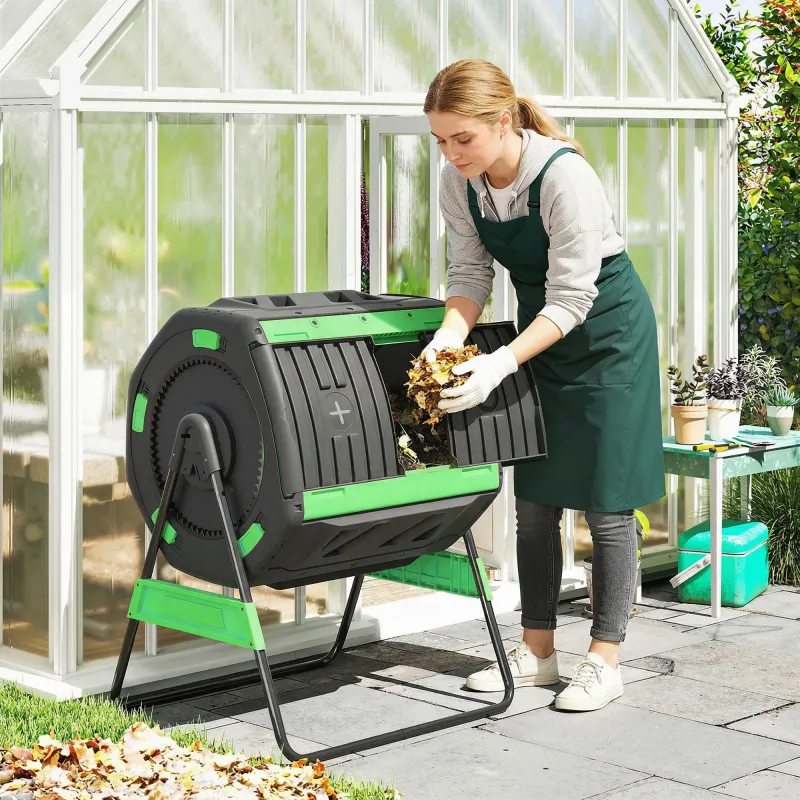 Compostador Giratorio 200L con Sistema de Ventilación y Base de Metal para Compostaje de Residuos Orgánicos Verde - Ogal.Es