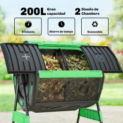 Compostador Giratorio 200L con Sistema de Ventilación y Base de Metal para Compostaje de Residuos Orgánicos Verde - Ogal.Es