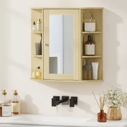 Armario de Baño con Espejo Armario de Pared con Estantes Abiertos 66x17x63 cm Natural - Ogal.Es