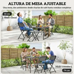 Conjunto de Mesa y Sillas Jardín con Mesa Plegable Ajustable de 55 a 74 cm y 4 Sillas Plegables para Terraza Gris - Ogal.Es