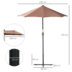 Parasol de Terraza 200x190x240 cm con Manivela Poste de Acero y Base Cruzada Anti-UV para Terraza Balcón Café - Ogal.Es