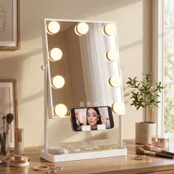 Hollywood Espejo de Maquillaje con Luz 9 Bombillas LED 3 Colores Interruptor Táctil Soporte para Teléfono Blanco - Ogal.Es