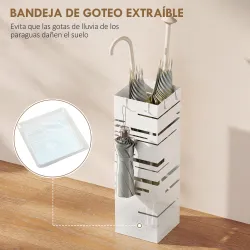 Paragüero Metálico con 4 Ganchos y Bandeja de Goteo Extraíble para Entrada Oficina 15,5x15,5x49 cm Blanco - Ogal.Es
