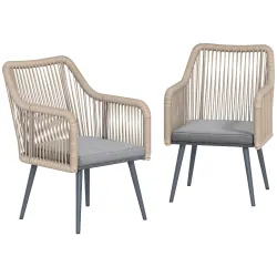 Set de 2 Sillas de Jardín Exterior de Ratán con Cojines Reposabrazos y Marco de Acero para Terraza 54x65x80 cm Gris - Ogal.Es