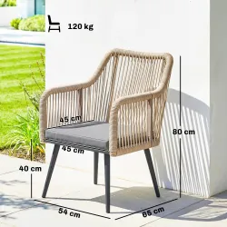 Set de 2 Sillas de Jardín Exterior de Ratán con Cojines Reposabrazos y Marco de Acero para Terraza 54x65x80 cm Gris - Ogal.Es