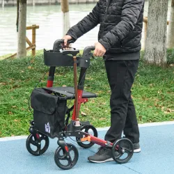 Andador para Ancianos Plegable de Aluminio con Asiento 4 Ruedas Altura Ajustable Frenos de Maneta Rojo y Negro - Ogal.Es