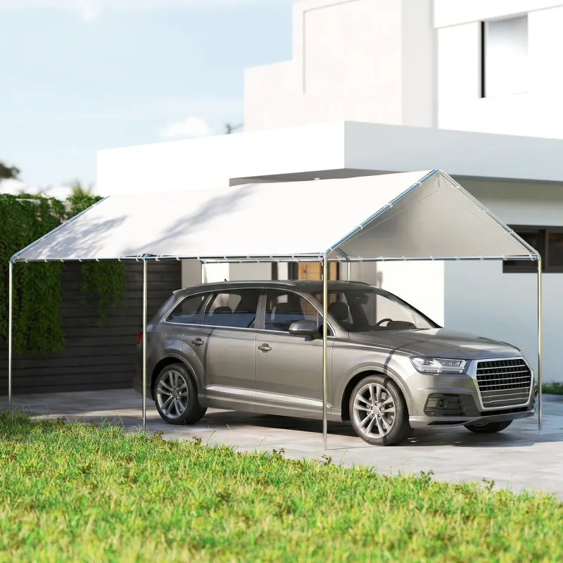Carpa Garaje para Coche 3x6 m Cochera Portátil Impermeable con Toldo de Tela PE y Marco de Acero Galvanizado Blanco - Ogal.Es