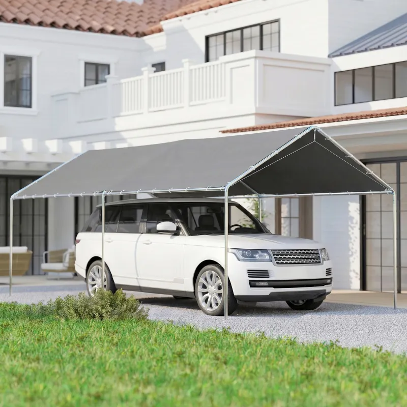 Carpa Garaje para Coche 3x6 m Cochera Portátil Impermeable con Toldo de Tela PE y Marco de Acero Galvanizado Gris - Ogal.Es