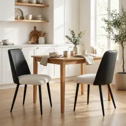 Juego de 2 Sillas de Cocina con Respaldo de PU de Imitación Ratán Patas de Acero y Asiento Acolchado Negro y Beige - Ogal.Es