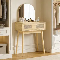 Tocador de Maquillaje con Espejo Arqueado 2 Cajones con Frontal de Ratán para Espacios Pequeños Natural - Ogal.Es