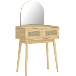 Tocador de Maquillaje con Espejo Arqueado 2 Cajones con Frontal de Ratán para Espacios Pequeños Natural - Ogal.Es