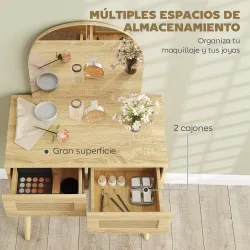 Tocador de Maquillaje con Espejo Arqueado 2 Cajones con Frontal de Ratán para Espacios Pequeños Natural - Ogal.Es