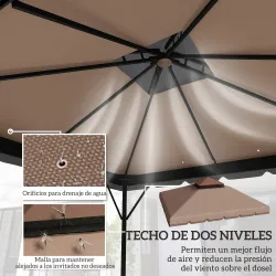 Toldo de Recambio 3x3 m con Techo Doble Orificios de Drenaje y UPF 30+ Solo Toldo NO Incluye Marco Caqui - Ogal.Es