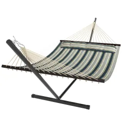 Hamaca con Soporte Hamaca de Jardín Portátil con Almohada Desmontable Barras Separadoras 353x94x115 cm Verde - Ogal.Es