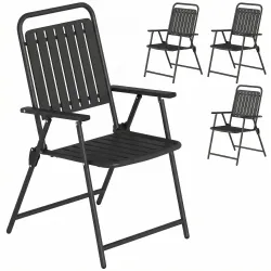 Juego de 4 Sillas de Jardín Exterior Plegables con Reposabrazos Respaldo y Asiento Marco Metálico 55x63x93 cm Negro - Ogal.Es