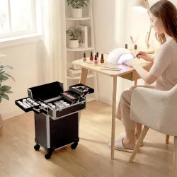 Maleta de Maquillaje Profesional con Ruedas Mango 2 Bandejas Compartimento Inferior Negro - Ogal.Es