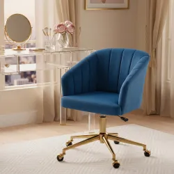 Silla de Oficina con Ruedas de Terciopelo con Respaldo Acolchado Altura Ajustable Espuma Alta Resiliencia Azul - Ogal.Es