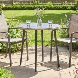 Mesa de Comedor de Jardín con Tablero de Vidrio Templado con Borde de Ratán Estructura de Acero 80x80x74 cm Gris - Ogal.Es