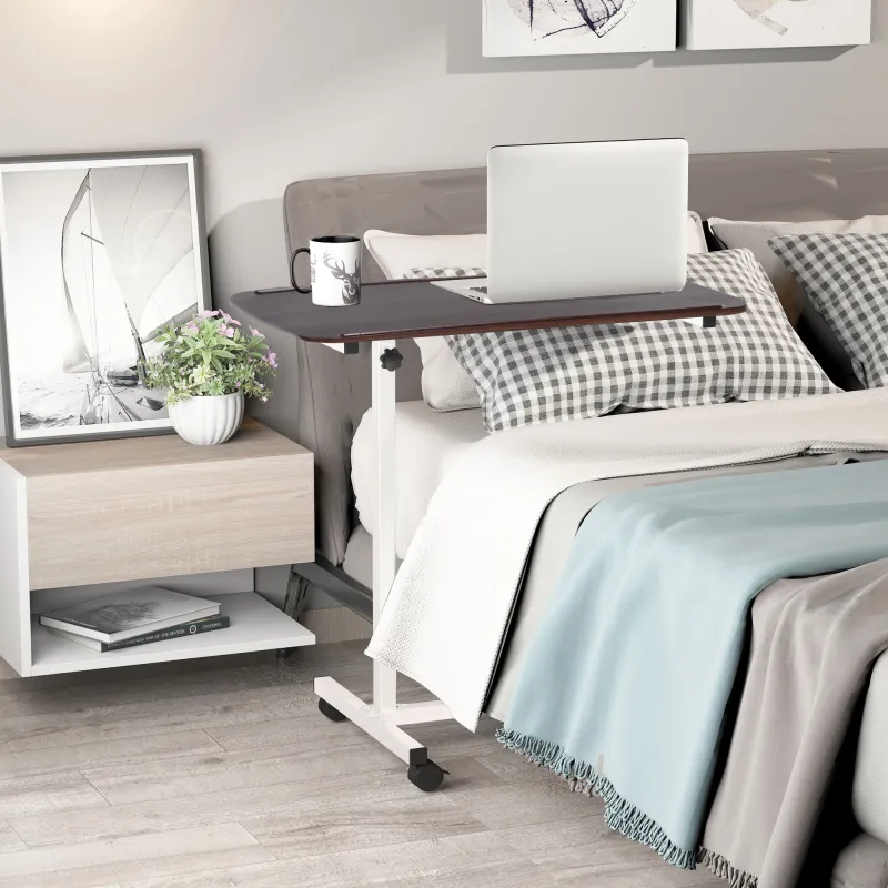 Mesa Auxiliar con Ruedas para Sofá y Cama Altura Ajustable y Marco de Acero 77x40x76-100 cm Nogal Oscuro - Ogal.Es